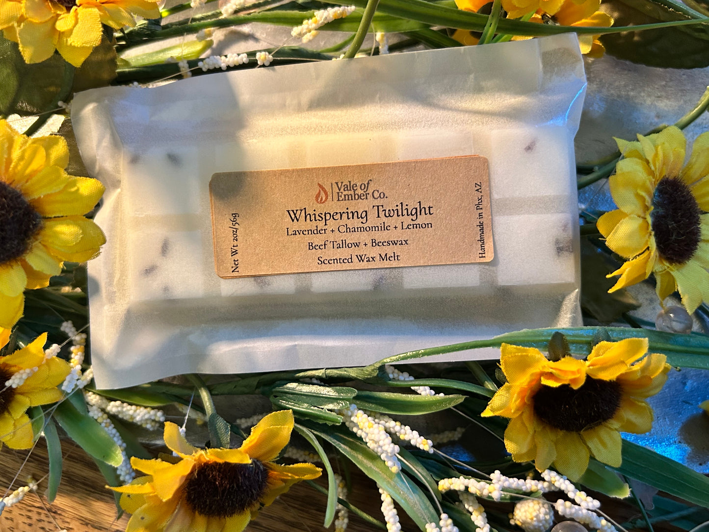 Whispering Twilight luxury tallow wax melts - calming natural beeswax wax melts with evening scent of Lavender & Chamomile by Vale of Ember Co.